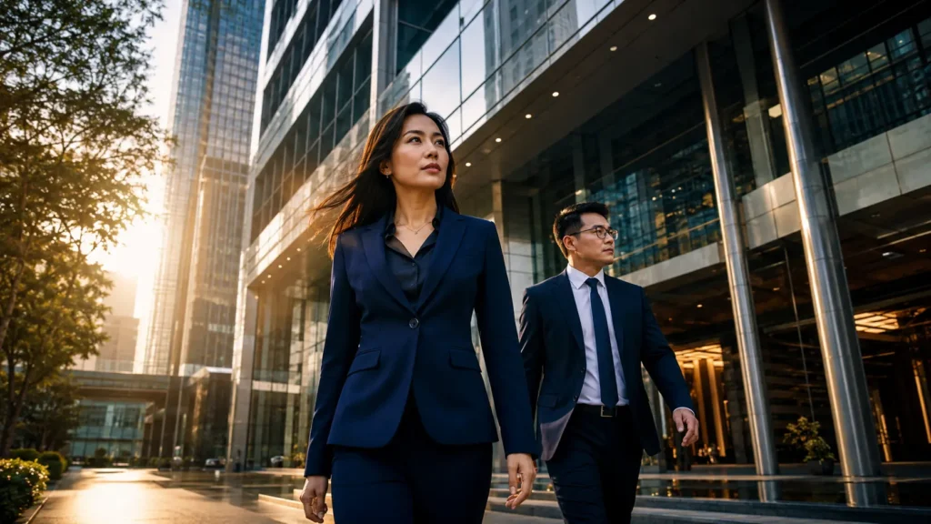 Filipino corporate investigators outside a modern business headquarters in the Philippines